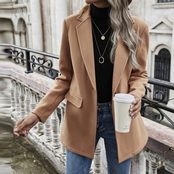 Classic Khaki Tan Button Minimalist Jacket Blazer - Picture 4 of 5